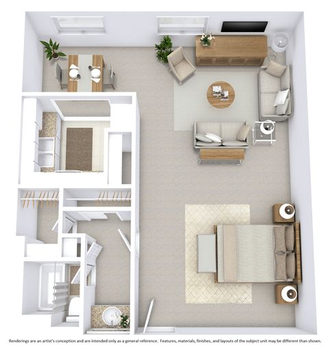 a stylized floor plan with a bedroom and living room